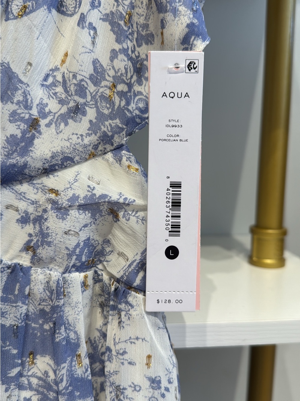 NWT Porcelain Blue and White Floral Ruffle Maxi Dress with Gold Foil Accents - Picture 6 of 7